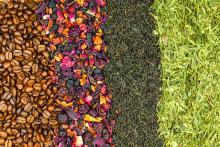 Coffee beans, fruit tea, black tea and green tea