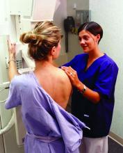 Nurse positioning patient for mammogram