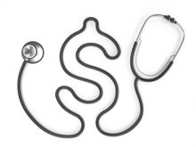 A stethoscope, shaped in a dollar sign, representing the high costs of medical treatment