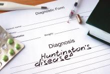 A diagnostic form is shown with a diagnosis of Huntington's disease