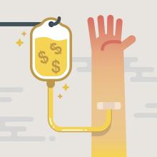 Image of an intravenous infusion of money into an arm