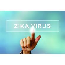 A finger pushing a Zika virus button
