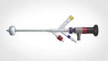 The Cystosure catheter is based on the design of the standard Foley catheter but adds a fourth port (purple ring) where a scope can be inserted for cystoscopy.