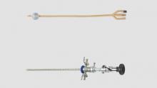 A standard three-way Foley catheter used in OR cases today (top) is shown, along with a standard cystoscope employed today for cystoscopy (bottom).